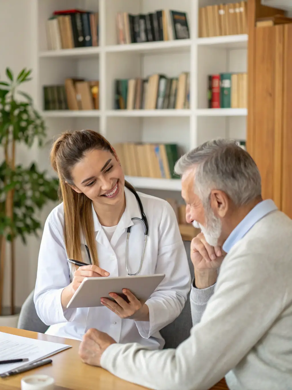 A doctor explaining a treatment plan to a patient using a visual aid, emphasizing clarity and understanding.
